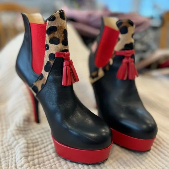 LEATHER LG BETTIE  SZ 37/6.5 USA Leopard Print Ankle Boots-made in ITALY - Picture 2 of 10